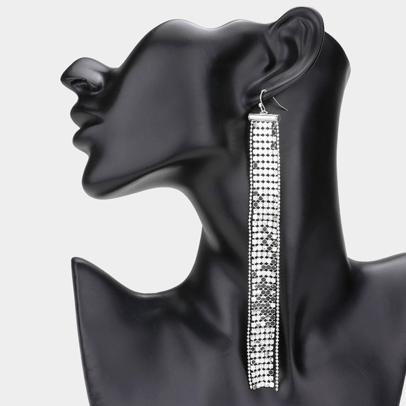 Long Glamorous Silver Mesh Chain Dangle Statement Earrings - Picture 1 of 1